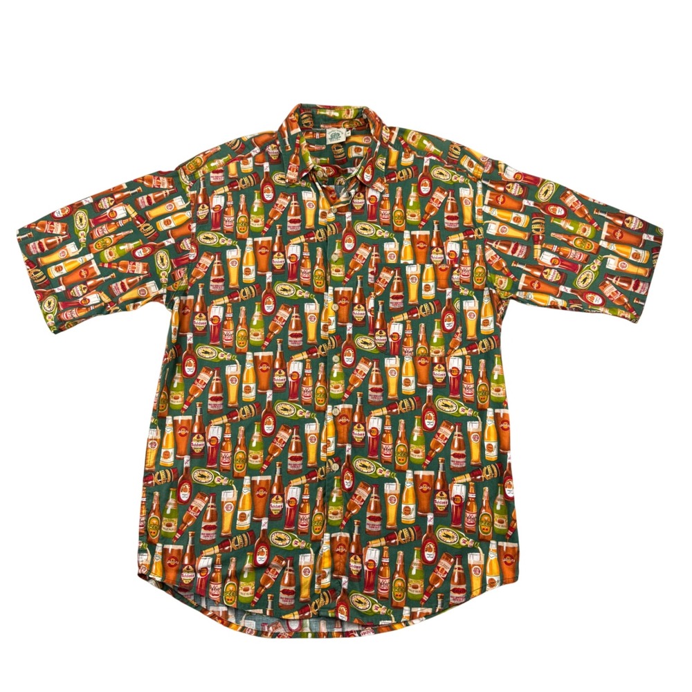 Shelter Island Outfitters Beer Bottle Print Shirt Mens Medium Green Festival M